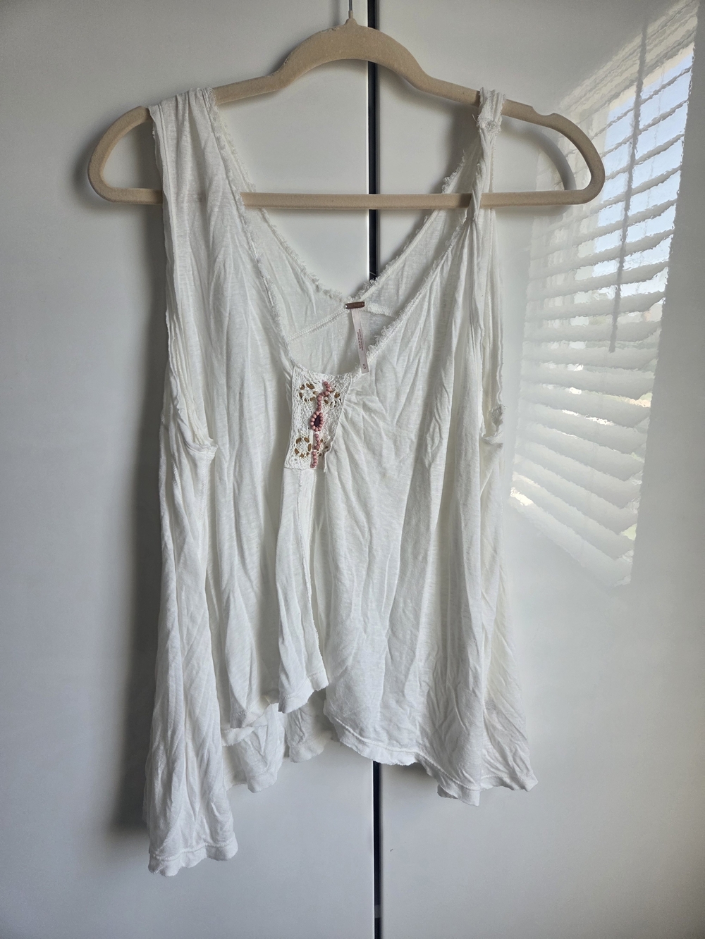 Free People White V-Neck Sleeveless Tank with Lace Patch